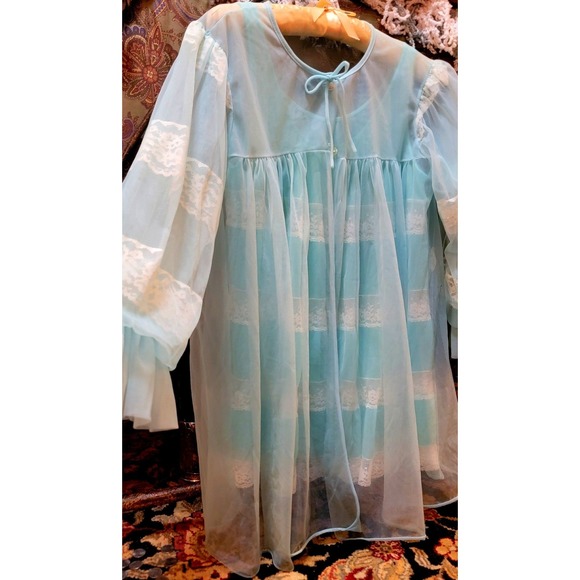 Miss Elaine 1960s Chic Blue Chiffon Lace Short Nightie w Sheer Robe 3/4 slv S/M - Picture 16 of 16